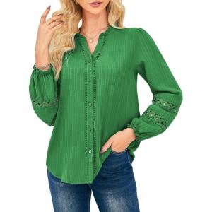 imageGRACE KARIN Women Dressy Casual TopsLong Sleeve Button Down Ruffle BlouseWork V Neck Shirt Summer Fall Business OutfitGreen