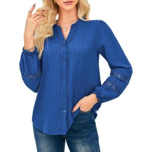 imageGRACE KARIN Women Dressy Casual TopsLong Sleeve Button Down Ruffle BlouseWork V Neck Shirt Summer Fall Business OutfitRoyal Blue