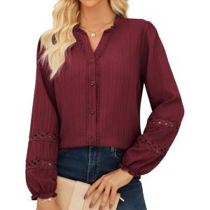 imageGRACE KARIN Women Dressy Casual TopsLong Sleeve Button Down Ruffle BlouseWork V Neck Shirt Summer Fall Business OutfitWine Red