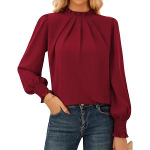 imageGRACE KARIN Women Dressy Long Sleeve Blouse2025 Fall Business Casual TopsPleated Mock Neck Shirts Fashion Work OutfitWine Red