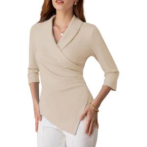 imageGRACE KARIN Women Dressy Wrap Work TopsV Neck Business Casual Blouses 34 Sleeve Ruched Elegant ShirtsApricot