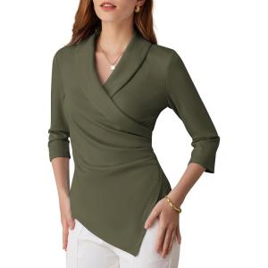 imageGRACE KARIN Women Dressy Wrap Work TopsV Neck Business Casual Blouses 34 Sleeve Ruched Elegant ShirtsArmy Green