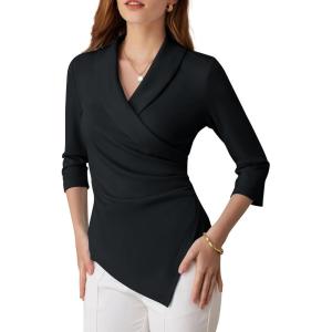 imageGRACE KARIN Women Dressy Wrap Work TopsV Neck Business Casual Blouses 34 Sleeve Ruched Elegant ShirtsBlack