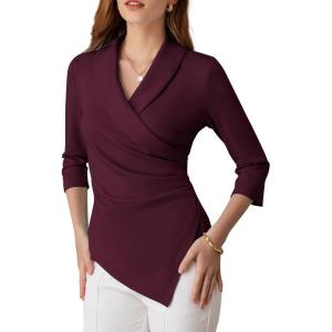 imageGRACE KARIN Women Dressy Wrap Work TopsV Neck Business Casual Blouses 34 Sleeve Ruched Elegant ShirtsDark Red