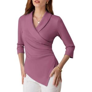 imageGRACE KARIN Women Dressy Wrap Work TopsV Neck Business Casual Blouses 34 Sleeve Ruched Elegant ShirtsDirty Pink