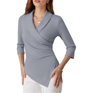 imageGRACE KARIN Women Dressy Wrap Work TopsV Neck Business Casual Blouses 34 Sleeve Ruched Elegant ShirtsGrey