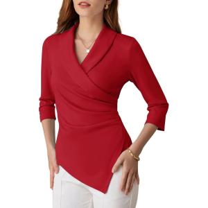 imageGRACE KARIN Women Dressy Wrap Work TopsV Neck Business Casual Blouses 34 Sleeve Ruched Elegant ShirtsRed