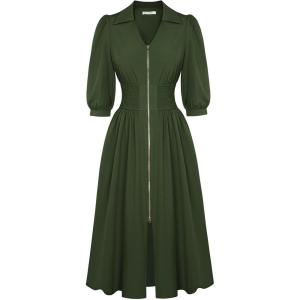 imageGRACE KARIN Women Fall Midi Dress 2025 A Line Smocked Work Dress Fit and Flare V Neck Zipper 34 Sleeve Dress Casual PocketsArmy Green