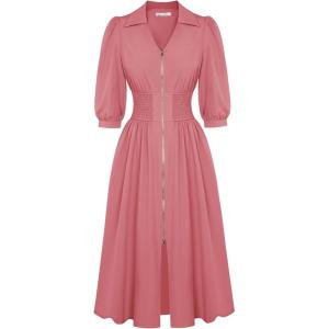 imageGRACE KARIN Women Fall Midi Dress 2025 A Line Smocked Work Dress Fit and Flare V Neck Zipper 34 Sleeve Dress Casual PocketsDark Pink