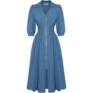 imageGRACE KARIN Women Fall Midi Dress 2025 A Line Smocked Work Dress Fit and Flare V Neck Zipper 34 Sleeve Dress Casual PocketsGray Blue