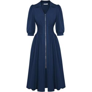 imageGRACE KARIN Women Fall Midi Dress 2025 A Line Smocked Work Dress Fit and Flare V Neck Zipper 34 Sleeve Dress Casual PocketsNavy Blue