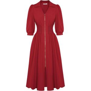 imageGRACE KARIN Women Fall Midi Dress 2025 A Line Smocked Work Dress Fit and Flare V Neck Zipper 34 Sleeve Dress Casual PocketsRed