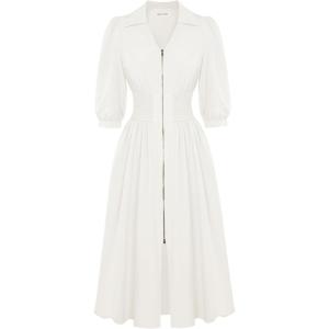 imageGRACE KARIN Women Fall Midi Dress 2025 A Line Smocked Work Dress Fit and Flare V Neck Zipper 34 Sleeve Dress Casual PocketsWhite