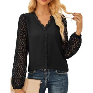 imageGRACE KARIN Women Tops V Neck Long Sleeve Shirts Lace Dressy Casual Business Blouses Fall Fashion 2025Black