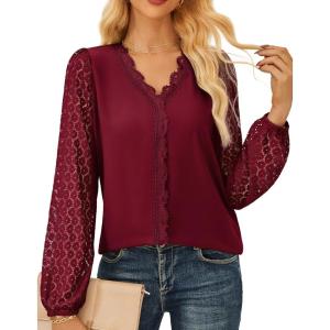 imageGRACE KARIN Women Tops V Neck Long Sleeve Shirts Lace Dressy Casual Business Blouses Fall Fashion 2025Dark Red