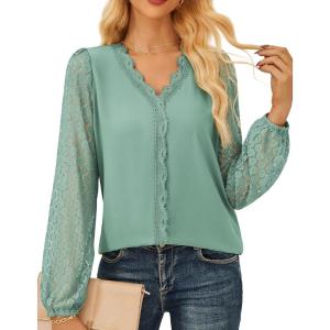 imageGRACE KARIN Women Tops V Neck Long Sleeve Shirts Lace Dressy Casual Business Blouses Fall Fashion 2025Green
