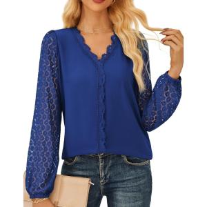 imageGRACE KARIN Women Tops V Neck Long Sleeve Shirts Lace Dressy Casual Business Blouses Fall Fashion 2025Royal Blue