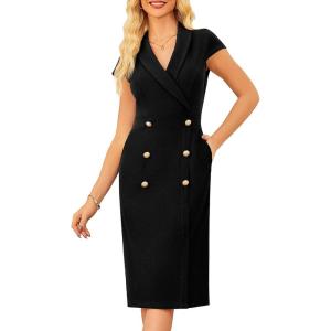 imageGRACE KARIN Women Work Bodycon Dresses 2025Business Office Midi Cap Sleeve Button Pencil Formal Outfits with PocketsBlack