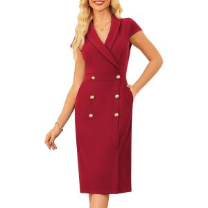 imageGRACE KARIN Women Work Bodycon Dresses 2025Business Office Midi Cap Sleeve Button Pencil Formal Outfits with PocketsRed