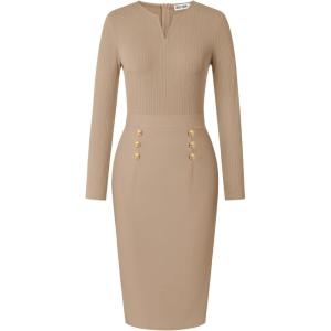 imageGRACE KARIN Womens 2025 Fall Henly V Neck Business Work Dress Long Sleeve Bodycon Midi Elegant Office Sheath DressKhaki
