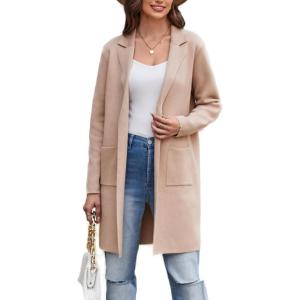 imageGRACE KARIN Womens 2025 Fashion Open Front Long Cardigan Sweaters Long Sleeve Lapel Knit Sweater Jacket with PocketsApricot