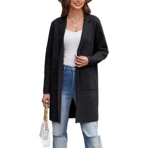 imageGRACE KARIN Womens 2025 Fashion Open Front Long Cardigan Sweaters Long Sleeve Lapel Knit Sweater Jacket with PocketsBlack
