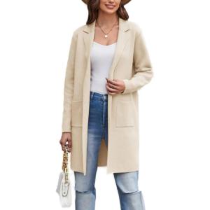 imageGRACE KARIN Womens 2025 Fashion Open Front Long Cardigan Sweaters Long Sleeve Lapel Knit Sweater Jacket with PocketsLight Beige