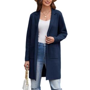 imageGRACE KARIN Womens 2025 Fashion Open Front Long Cardigan Sweaters Long Sleeve Lapel Knit Sweater Jacket with PocketsNavy Blue