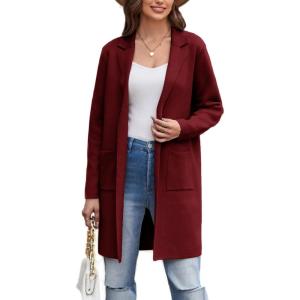 imageGRACE KARIN Womens 2025 Fashion Open Front Long Cardigan Sweaters Long Sleeve Lapel Knit Sweater Jacket with PocketsWine Red