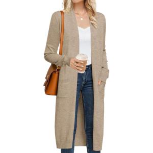 imageGRACE KARIN Womens 2025 Trendy Long Cardigans Sweater Lightweight Open Front Long Sleeve Maxi Duster Coats with PocketsKhaki