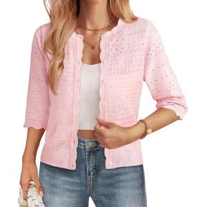 imageGRACE KARIN Womens 34 Short Sleeve Cropped Cardigan Lightweight Button up Crochet Knit Sweater Shrug for Summer SpringPink