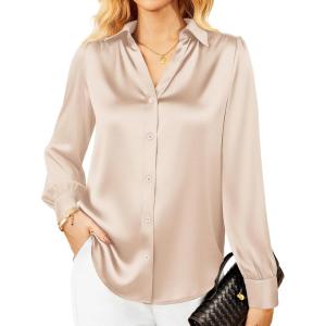 imageGRACE KARIN Womens Business Casual Tops Long Sleeve Satin Silk Blouse Button Down Work Shirts Dressy Tops Fall Fashion 2025Beige