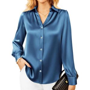 imageGRACE KARIN Womens Business Casual Tops Long Sleeve Satin Silk Blouse Button Down Work Shirts Dressy Tops Fall Fashion 2025Grey Blue
