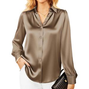 imageGRACE KARIN Womens Business Casual Tops Long Sleeve Satin Silk Blouse Button Down Work Shirts Dressy Tops Fall Fashion 2025Taupe