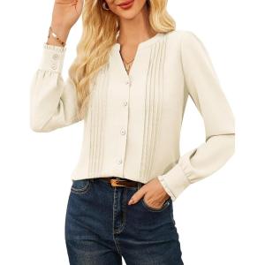 imageGRACE KARIN Womens Business Dressy Casual Blouses Pleated Long Sleeve Button Down Shirts V Neck Work Office Tops Loose FitApricot