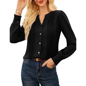 imageGRACE KARIN Womens Business Dressy Casual Blouses Pleated Long Sleeve Button Down Shirts V Neck Work Office Tops Loose FitBlack