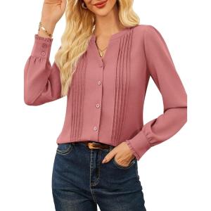 imageGRACE KARIN Womens Business Dressy Casual Blouses Pleated Long Sleeve Button Down Shirts V Neck Work Office Tops Loose FitGrey Pink