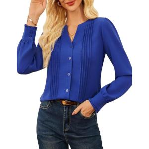 imageGRACE KARIN Womens Business Dressy Casual Blouses Pleated Long Sleeve Button Down Shirts V Neck Work Office Tops Loose FitRoyal Blue
