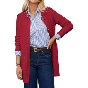 imageGRACE KARIN Womens Fall Long Cardigan Sweaters with Pockets Button Knit Blazer Trendy Open Front Dressy Casual JacketRed
