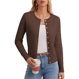 imageGRACE KARIN Womens Lightweight Fall Cardigan Long Sleeve Knit Crop Sweater Trendy Button Open Front Crewneck JacketBrown