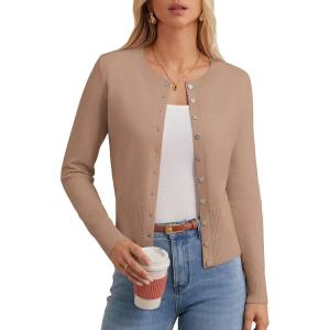 imageGRACE KARIN Womens Lightweight Fall Cardigan Long Sleeve Knit Crop Sweater Trendy Button Open Front Crewneck JacketCamel