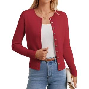 imageGRACE KARIN Womens Lightweight Fall Cardigan Long Sleeve Knit Crop Sweater Trendy Button Open Front Crewneck JacketRed