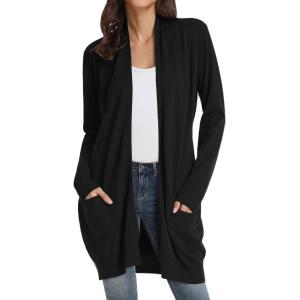 imageGRACE KARIN Womens Long Cardigan Sweater Open Front Classic Knitted Lightweight Sweater with PocketsBlack