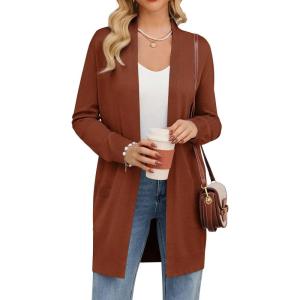 imageGRACE KARIN Womens Long Cardigan Sweater Open Front Classic Knitted Lightweight Sweater with PocketsCaramel