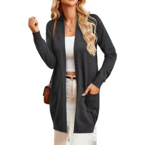 imageGRACE KARIN Womens Long Cardigan Sweater Open Front Classic Knitted Lightweight Sweater with PocketsDeep Grey
