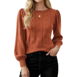 imageGRACE KARIN Womens Long Lantern Sleeve Crew Neck Crochet Top Hollow Out Fall Pullover SweaterCaramel