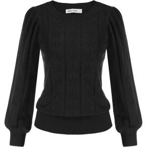 imageGRACE KARIN Womens Long Lantern Sleeve Crew Neck Crochet Top Hollow Out Fall Pullover SweaterCl0834 Black Long Sleeve