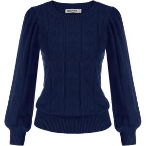 imageGRACE KARIN Womens Long Lantern Sleeve Crew Neck Crochet Top Hollow Out Fall Pullover SweaterCl0834 Dark Blue Long Sleeve