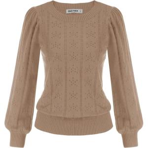 imageGRACE KARIN Womens Long Lantern Sleeve Crew Neck Crochet Top Hollow Out Fall Pullover SweaterCl0834 Dark Khaki Long Sleeve