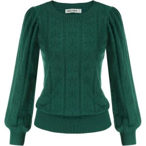 imageGRACE KARIN Womens Long Lantern Sleeve Crew Neck Crochet Top Hollow Out Fall Pullover SweaterCl0834 Green Long Sleeve